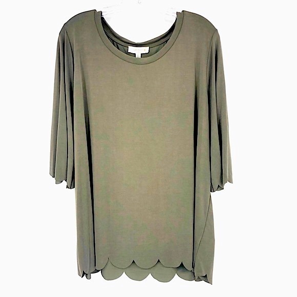 NWT Umgee Olive 3/4 Sleeve Scoop Neck Cupro Top Scalloped Tim Size XL - Picture 1 of 6
